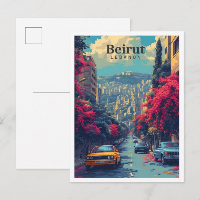 Carte Postale Illustration de voyage d'Art Vintage Beyrouth Liba (Devant / Derrière)
