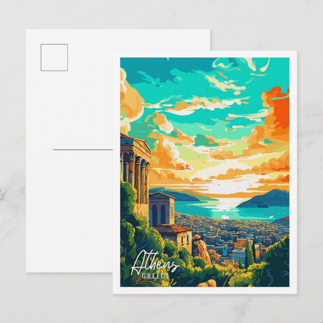Carte Postale Illustration de voyage d'Athènes Grèce Art (Devant / Derrière)