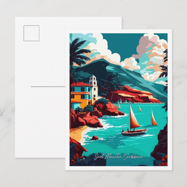 Carte Postale Illustration de voyage de Saint Maarten dans les C (Devant / Derrière)