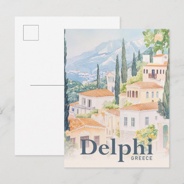 Carte Postale Illustration de voyage en aquarelle Delphi Greece (Devant / Derrière)