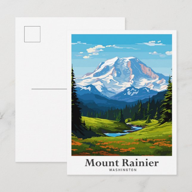 Carte Postale Illustration de voyage Mount Rainier Washington (Devant / Derrière)