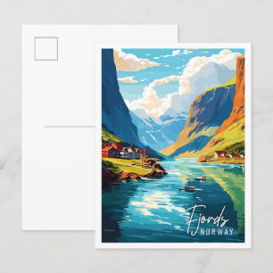 Carte Postale Illustration de voyage vintage de Fjords Norvège