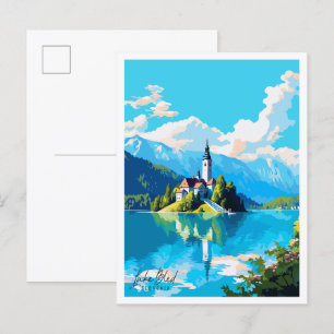 Carte Postale Illustration de voyage vintage du lac Bled Slovéni