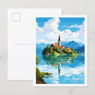 Carte Postale Illustration de voyage vintage du lac Bled Slovéni