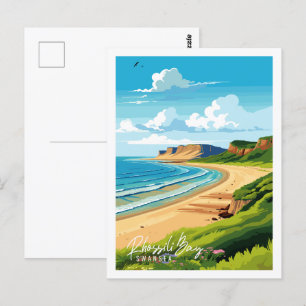 Carte Postale Illustration de voyage vintage Rhossili Bay Swanse