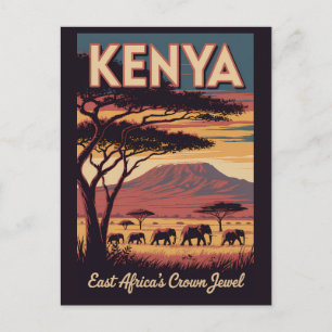 Carte Postale Illustration d'éléphants kenyans Art de voyage vin