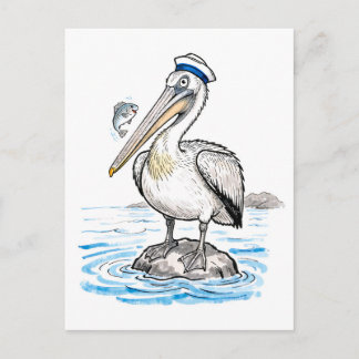 Carte Postale Illustration d'encre de Pélican debout fièrement s