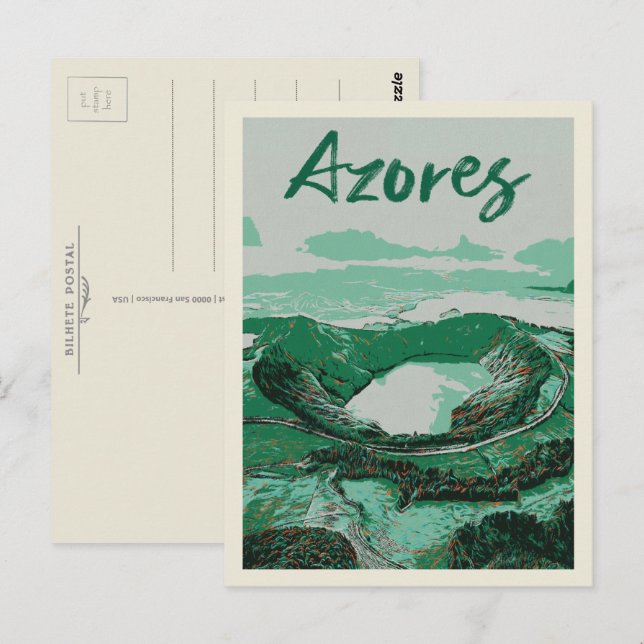 Carte Postale Illustration des îles Açores Lacs volcaniques (Devant / Derrière)