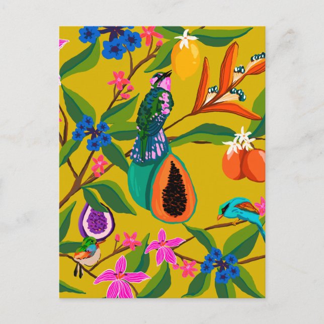 Carte Postale Illustration des oiseaux et des fleurs sauvages de (Devant)