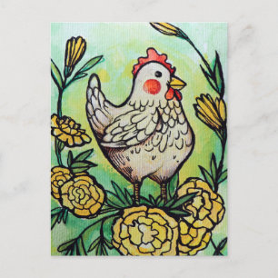 Carte Postale Illustration des poulets à fleurs et poulets