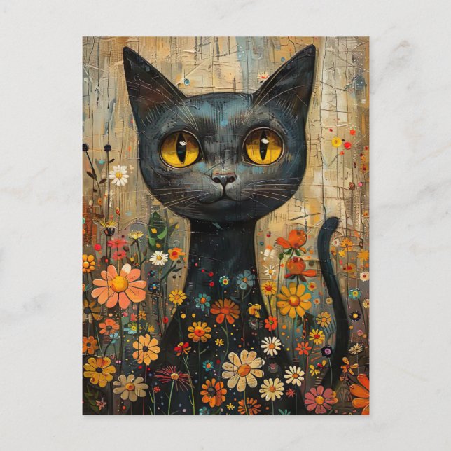Carte Postale Illustration du chat doux avec des fleurs (Devant)