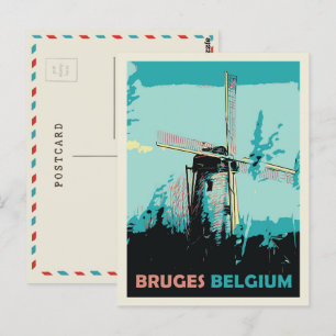 Carte Postale Illustration du moulin à vent de Bruges Belgique C