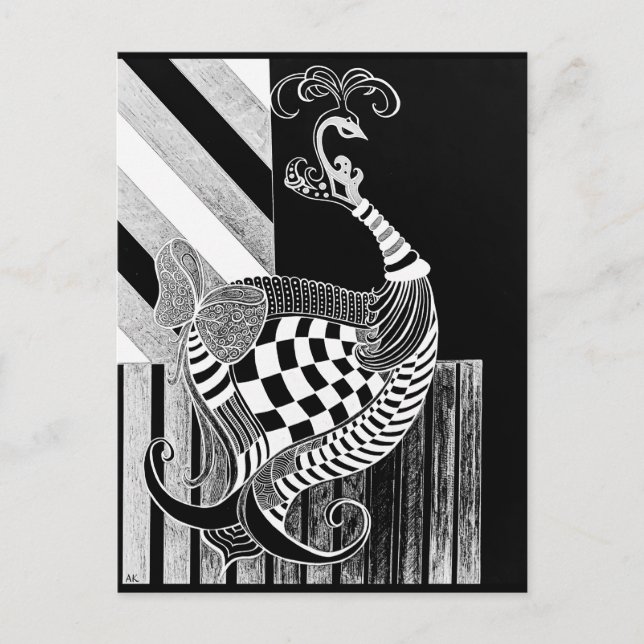 Carte Postale Illustration du paon d'échecs et de bow NIGHT (Devant)