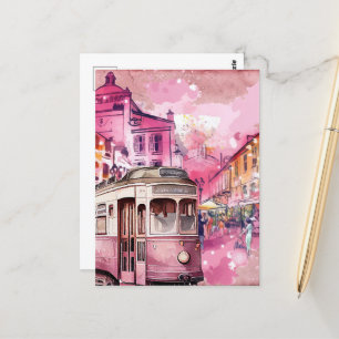 Carte Postale Illustration du paysage de voiture à chariot rose