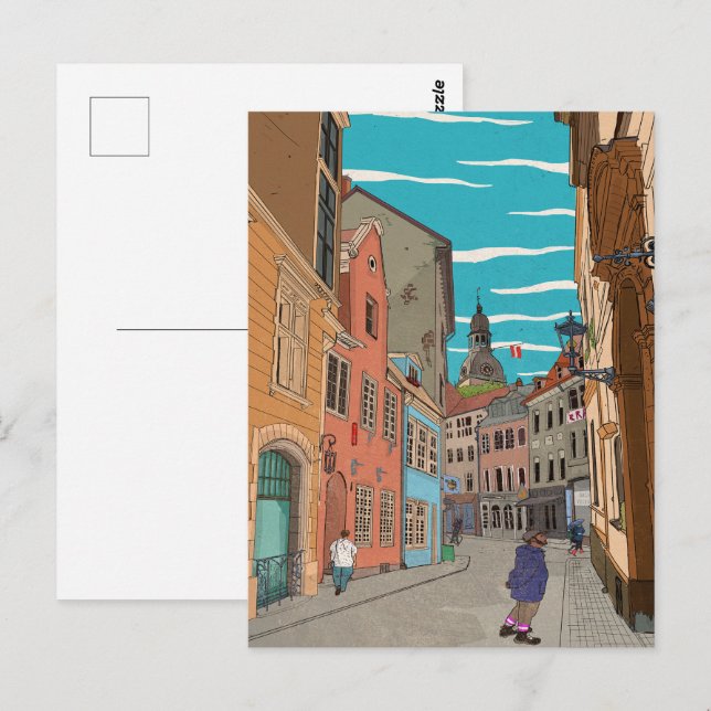 Carte Postale Illustration du paysage urbain du centre-ville de  (Devant / Derrière)