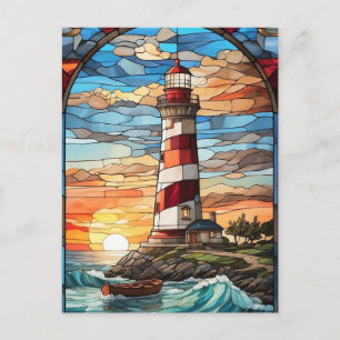 Carte Postale Illustration du phare et du soleil couchant