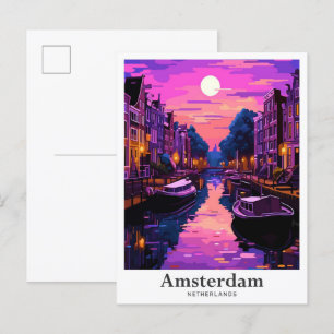 Carte Postale Illustration du Vintage voyage d'Amsterdam Pays-Ba
