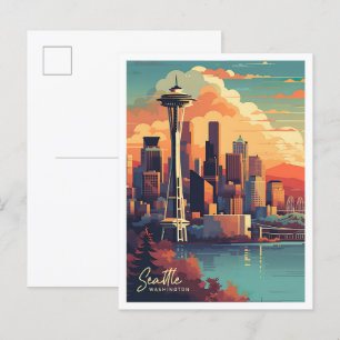Carte Postale Illustration du Vintage voyage d'art de Seattle Wa