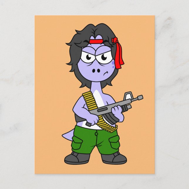 Carte Postale Illustration d'un Brontosaurus habillé en Rambo. (Devant)