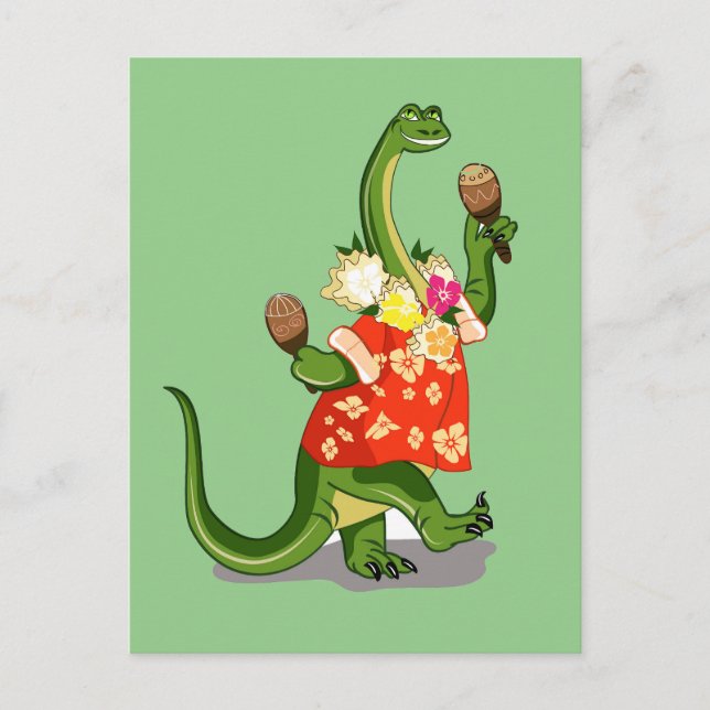 Carte Postale Illustration d'un Brontosaurus jouant des maracas. (Devant)