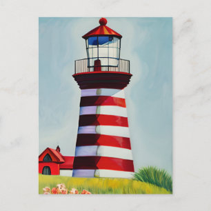 Carte Postale Illustration d'un phare rayé rouge et blanc