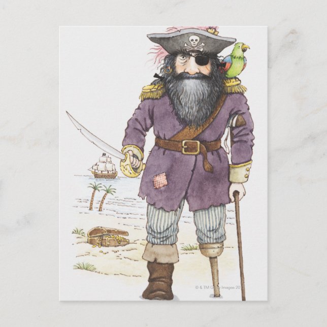 Carte Postale Illustration d'un pirate avec perroquet perché sur (Devant)