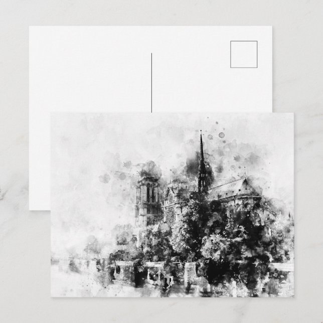 Carte Postale Illustration en noir et blanc Cathédrale Notre-Dam (Devant / Derrière)