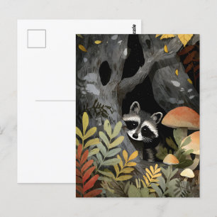 Carte Postale Illustration fantaisiste du raton laveur caché