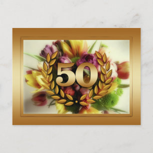 Carte Postale illustration florale cadre doré 50e anniversaire