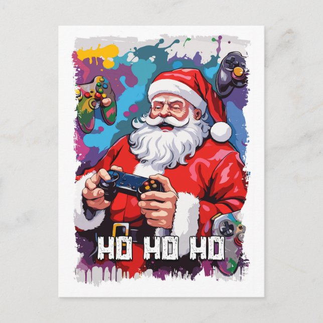 Carte Postale Illustration Funny Santa Claus Jouer à des jeux vi (Devant)