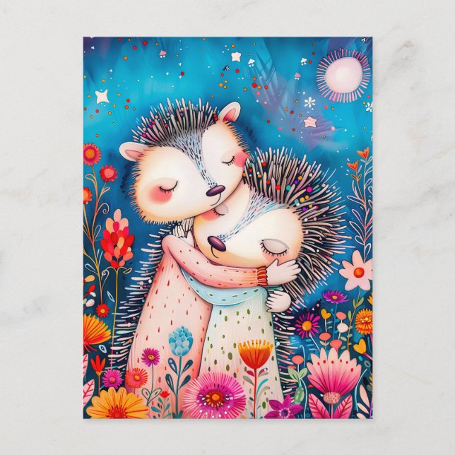 Carte Postale Illustration of two Hugging Hedgehogs in night at (Devant)