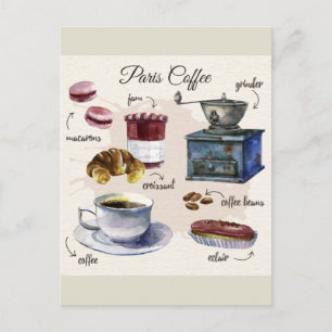 Carte Postale Illustration Paris café et pâtisseries