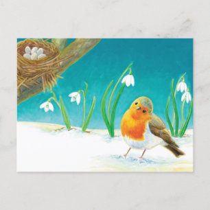 Carte Postale Illustration Red Robin & Early Spring Snowdrops