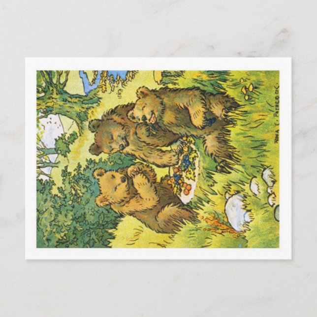 Carte Postale Illustration représentant trois ours en pique-niqu (Devant)