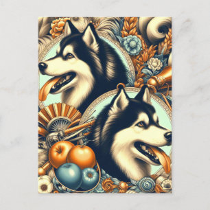 Carte Postale Illustration Retro Siberian Husky
