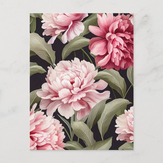 Carte Postale Illustration rose peony flowers with green leaves (Devant)