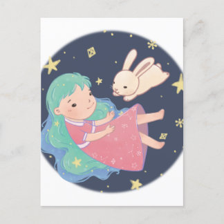 Carte Postale Illustration Starry Night Bunny & Girl