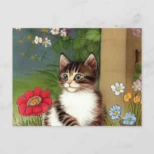 Carte Postale Illustration vintage de chat avec fleurs de printe