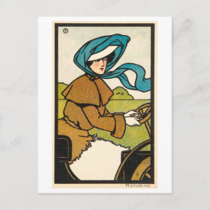 Carte Postale Illustration vintage d'une femme conduisant une vo