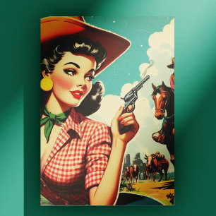 Carte Postale Illustration vintage Pulp Cowgirl