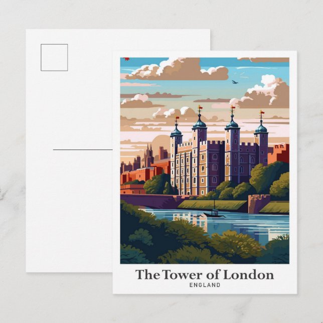 Carte Postale Illustration Vintage voyage de la Tour de Londres (Devant / Derrière)