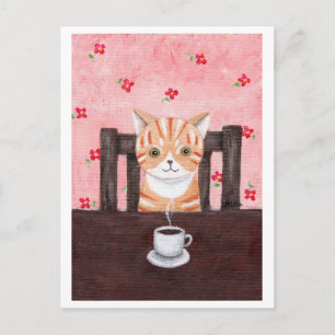Carte postale illustrée de café en chat Tabby oran