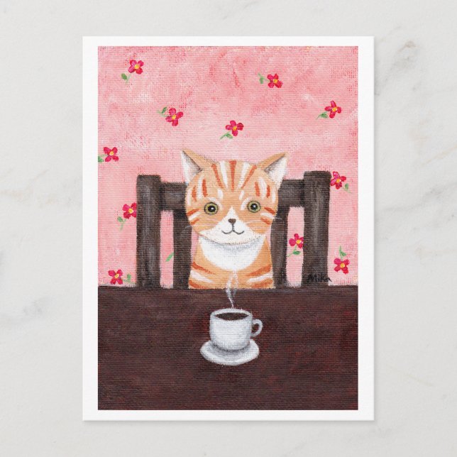 Carte postale illustrée de café en chat Tabby oran (Devant)