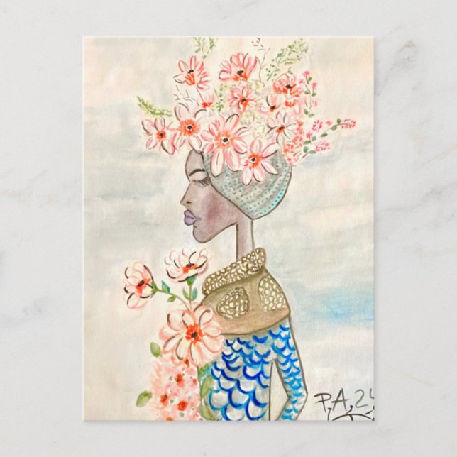 Carte Postale ilustración de chica de color con flores  (Devant)