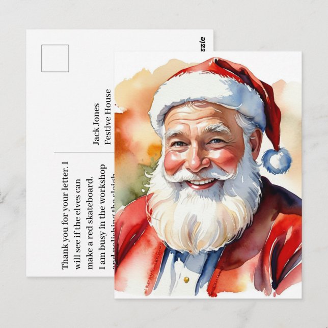 Carte Postale Image de Noël du Père Noël à l'aquarelle (Devant / Derrière)