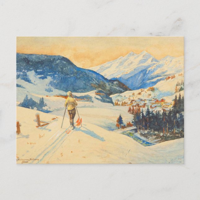 Carte Postale Image ski vintage, Cross country dans les montagne (Devant)