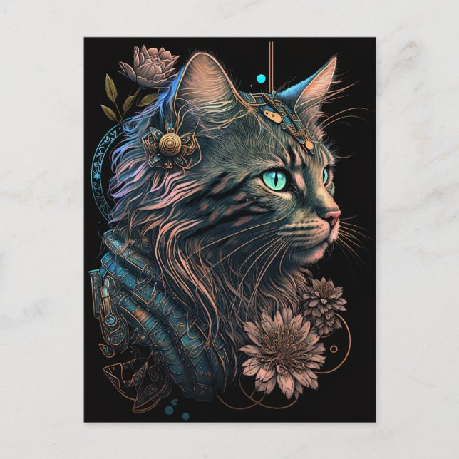 Carte Postale Imaginaire bleu oeil chat avec fleurs IA art (Devant)