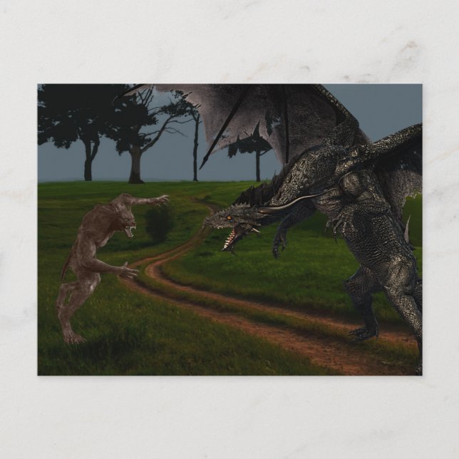 Carte Postale Imaginaire Dragon Vs Werewolf (Devant)