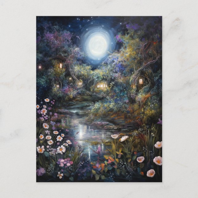 Carte Postale Imaginaire enchanté Lune Jardin Paysage (Devant)