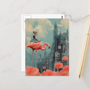 Carte Postale Imaginaire enfant à rouler sur un Flamant rose ros